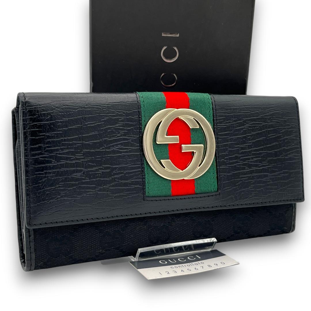 GUCCI グッチ 長財布 GGキャンバスレザー シェリーライン 折り財布