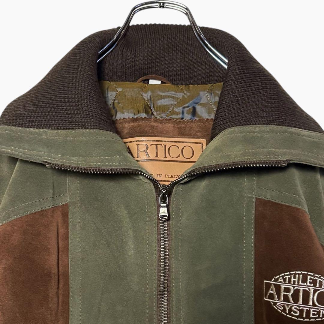 イタリア製 スエードレザージャケット 茶色×緑 XL 切り替えウール