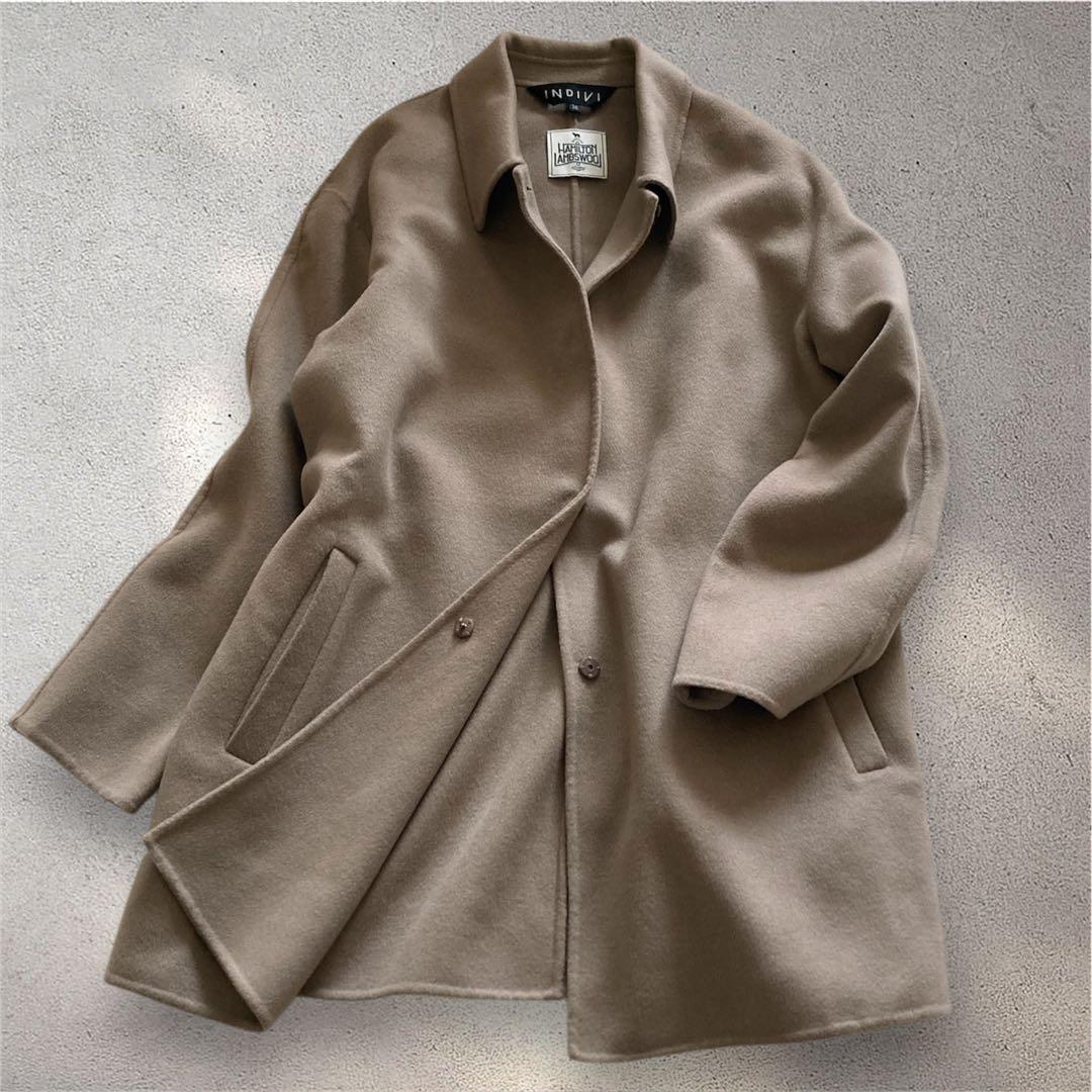 美品】INDIVI 36 ハミルトンラムズウール ステンカラーリバーコート