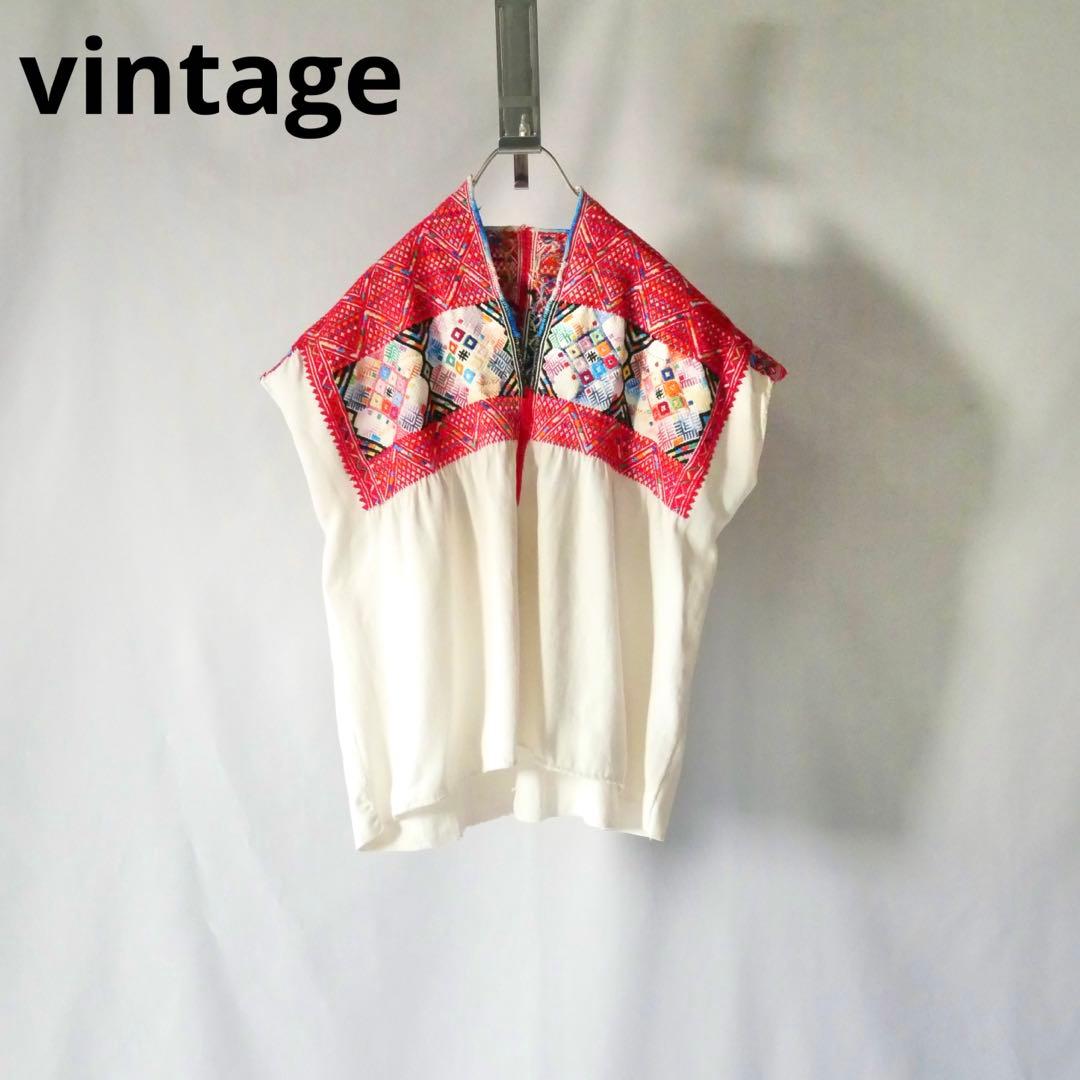 Vintage ヴィンテージ　メキシコ刺繍　マヤ民族　トップス　チュニック　古着 メキシコ刺繍の洋服ワンピース、チュニック、メキシカン刺繍