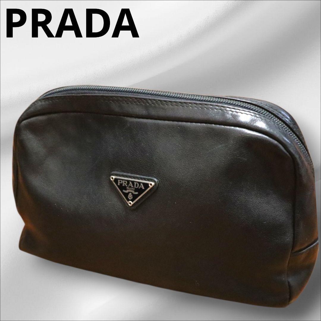 PRADA ブラックレザー ポーチ 中型　クラッチバッグ
