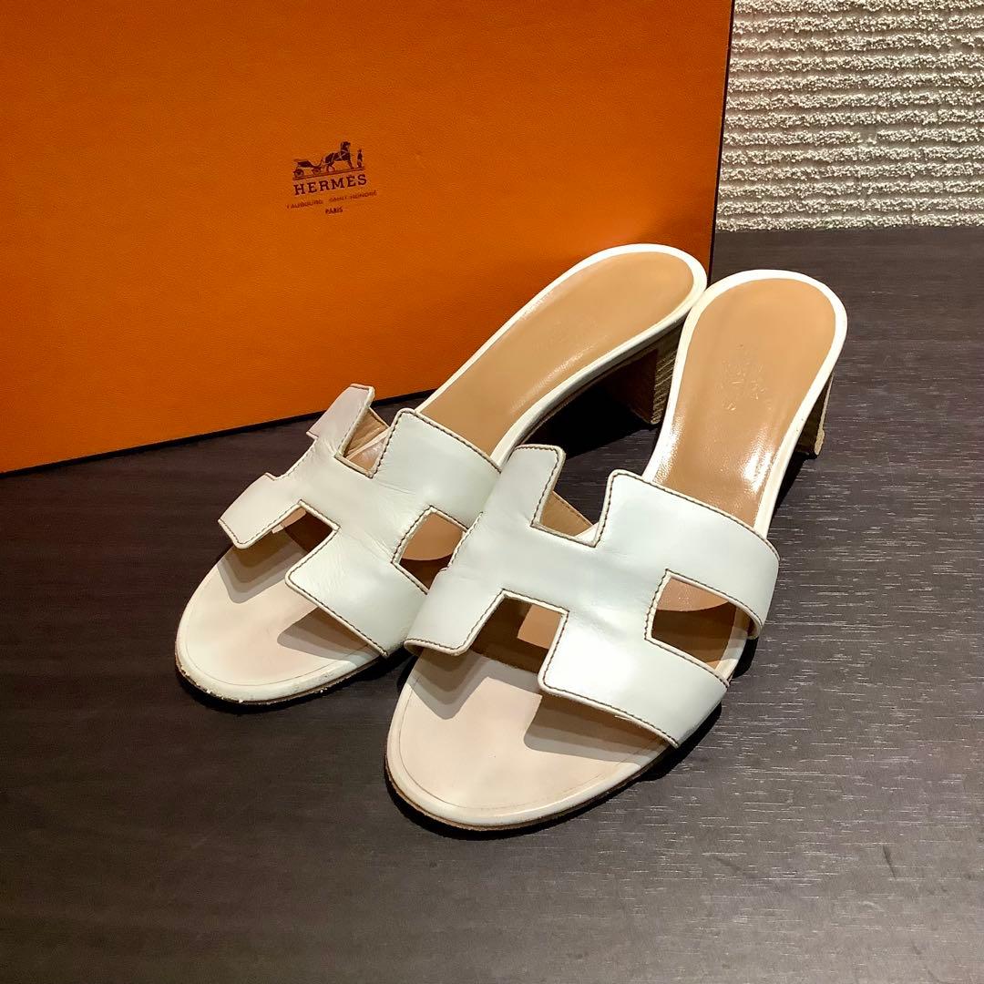 HERMES エルメス オアジス H レザー サンダル ミュール ヒール 白