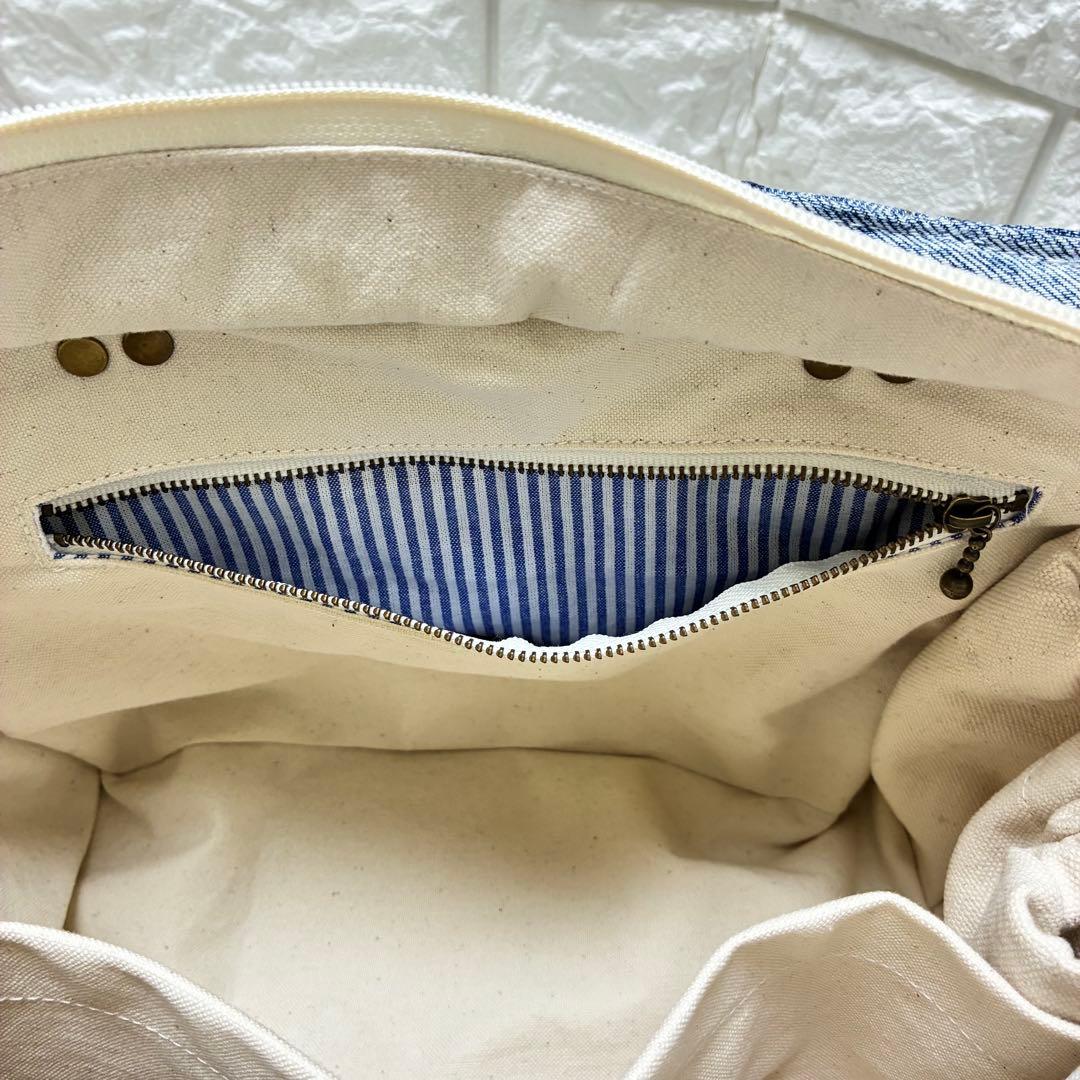 デニムリメイク　編み込みトートバッグ⭐︎バンブー持ち手⭐︎2連ハートチャーム付き