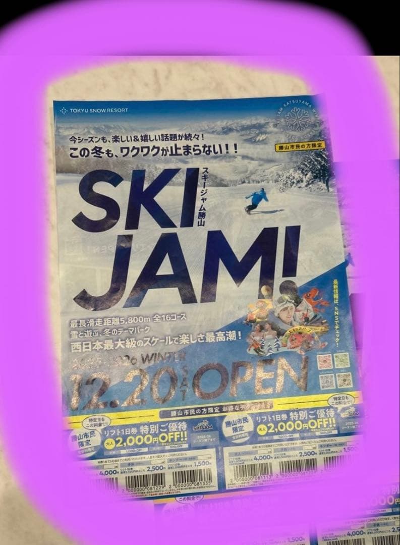 スキージャム勝山 リフト券 割引券（チケット2枚） SKIJAM勝山 - メルカリ