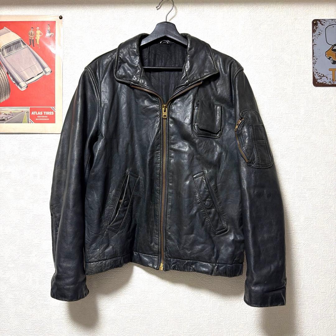 希少 70〜80s フランス軍 レザー パイロットジャケット ダークネイビー