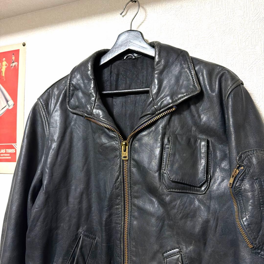 希少 70〜80s フランス軍 レザー パイロットジャケット ダークネイビー