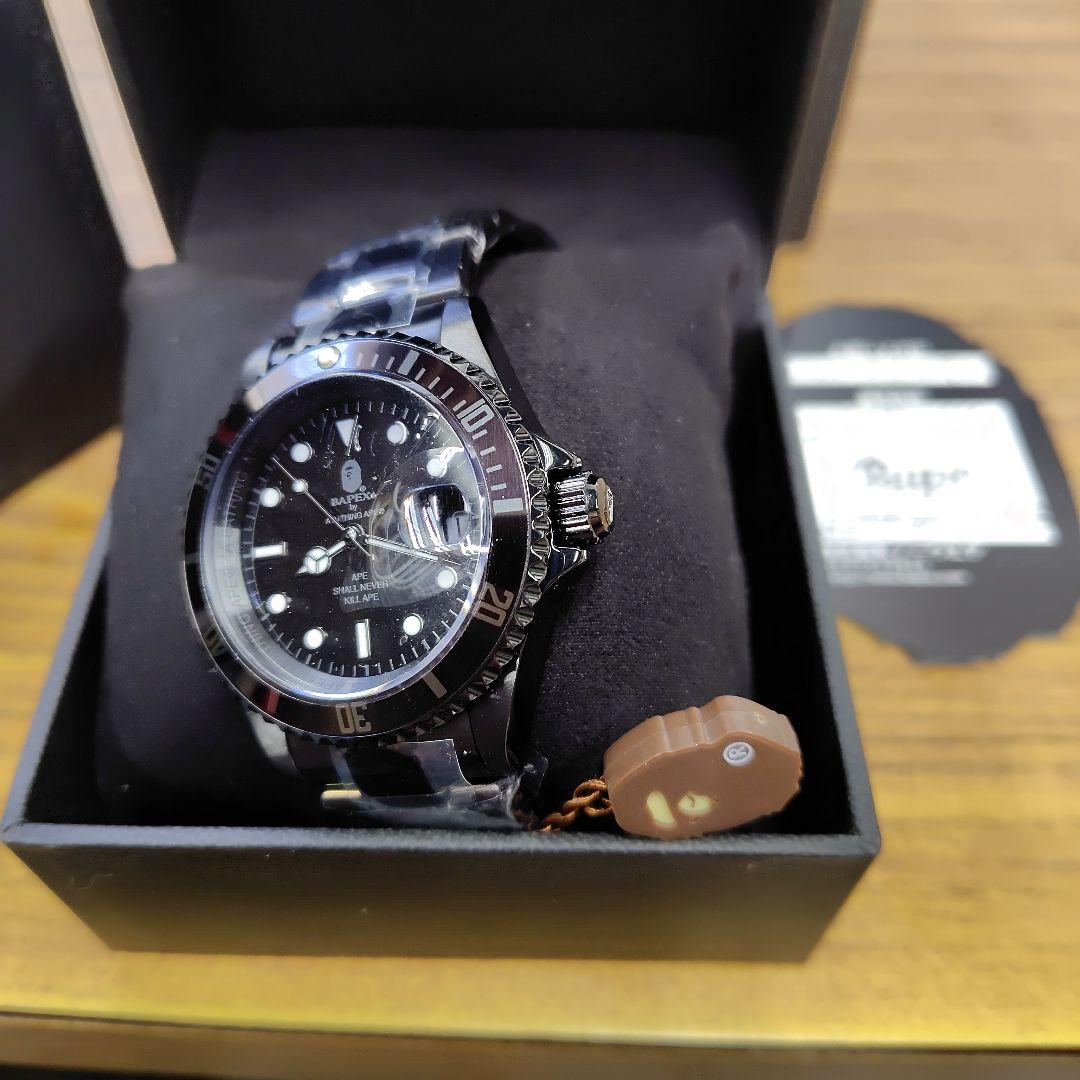 超溝ありでガリキズ無し BAPEX ブラック 自動巻き時計 200m防水