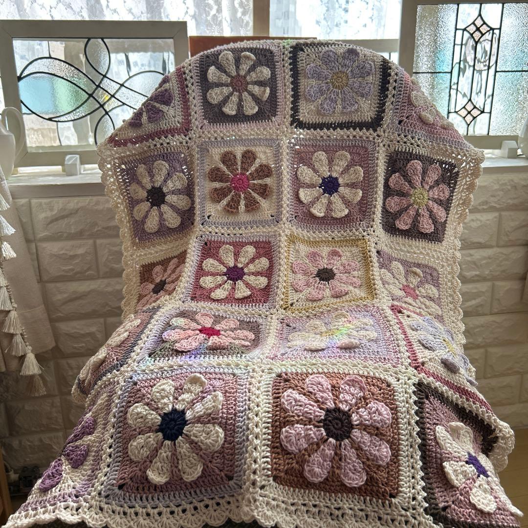 お花のモチーフ編み マルチカバー ブランケット コットン デイジー