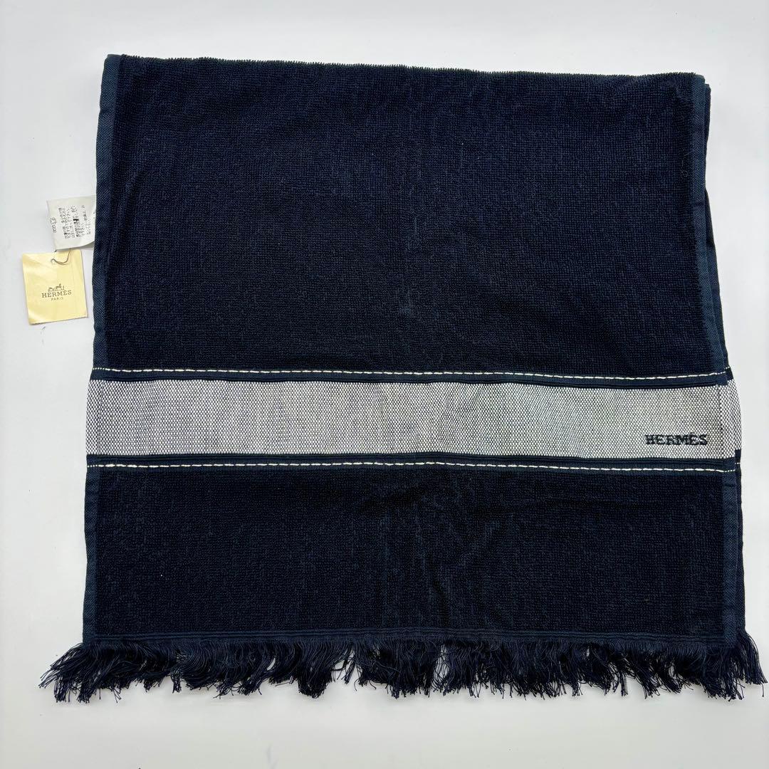 未使用タグ付き✨ エルメス ビーチタオル フリンジ ロゴ ネイビー ブルー 刺繍