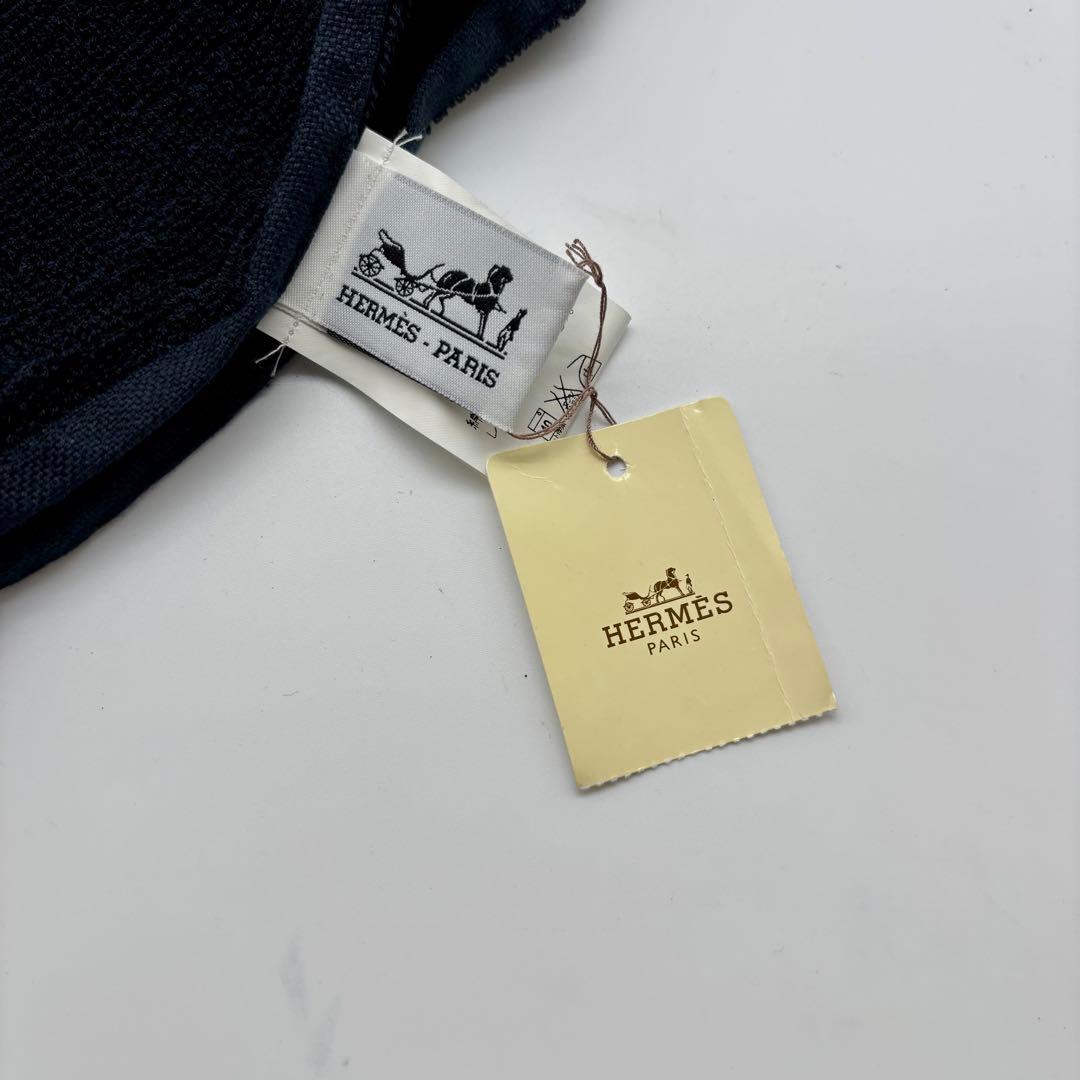 未使用タグ付き✨ エルメス ビーチタオル フリンジ ロゴ ネイビー ブルー 刺繍