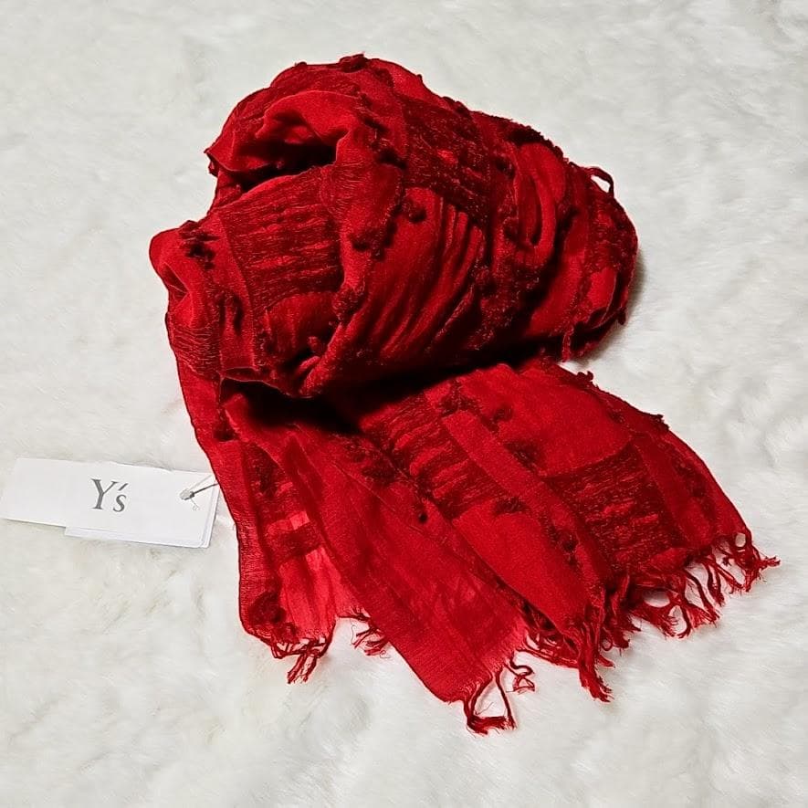 未使用☆ ヨウジヤマモト Y's大判ストール赤 綿×毛 クラッシュ加工
