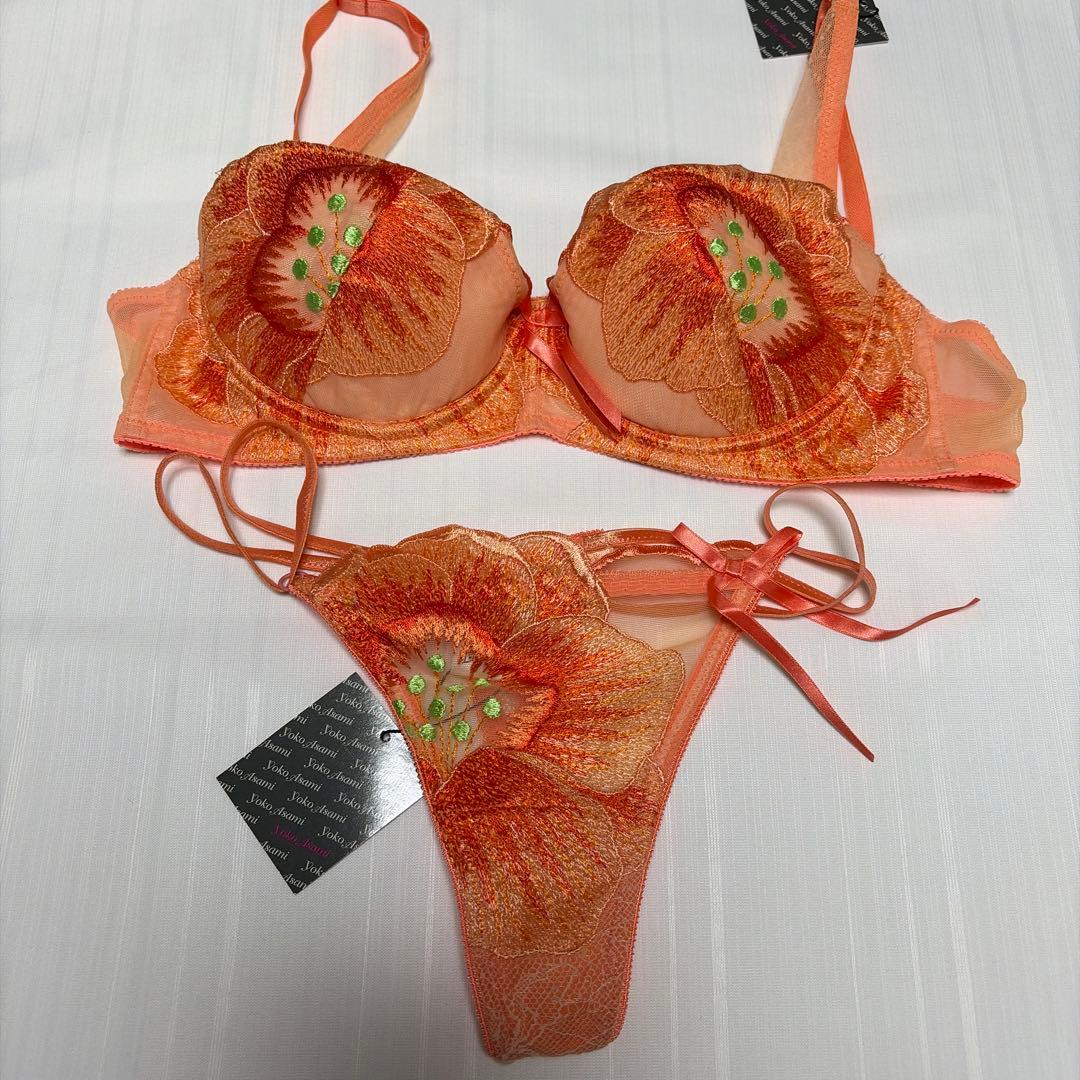 オレンジ 花柄刺繍 ブラジャーショーツセットD75/M - メルカリ