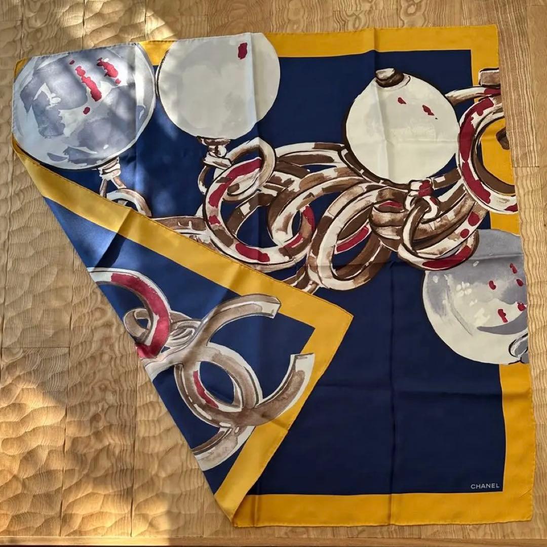 CHANEL シャネル　ココマーク　スカーフ シルク チェーン 紺