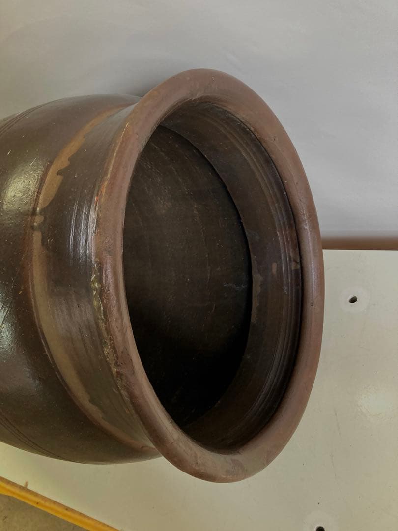 古道具 甕 昭和レトロ 陶器製 オブジェ 陶器製水鉢 ダークブラウン 約