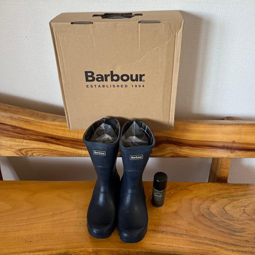 【290】レディースBarbourラバーブーツ ネイビーUS6.5