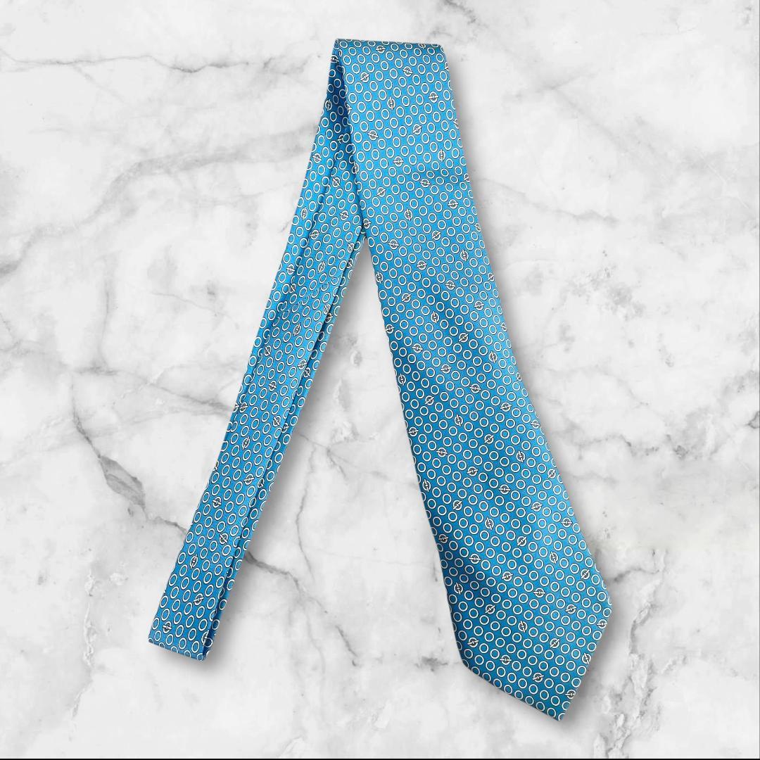 HERMES エルメス ネクタイ シルク100% ブルー H柄 総柄 フランス製