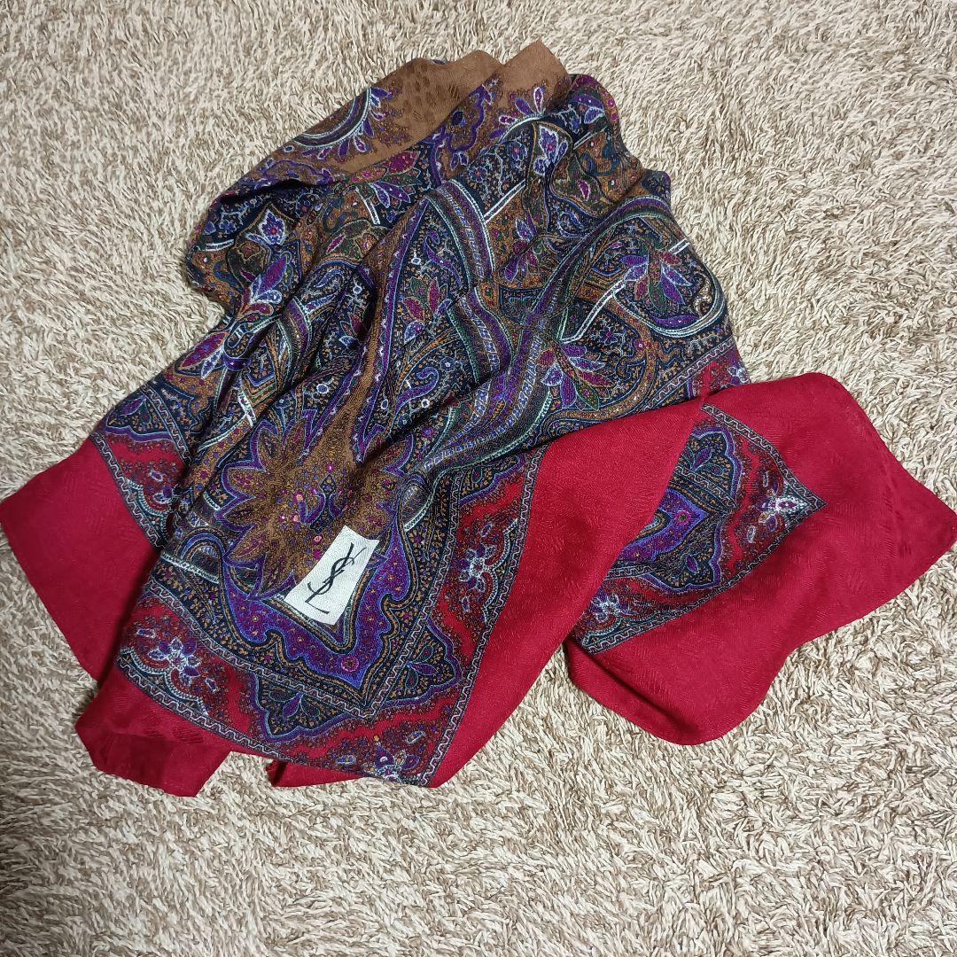 イブサンローラン YSL ペイズリー柄 大判スカーフ ストール ワイン