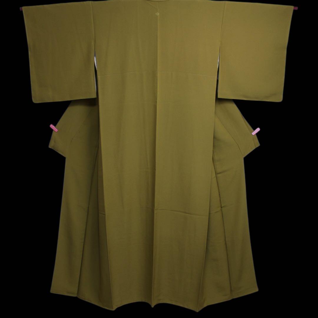 美品 縮緬地 一つ紋色無地着物/裄69 トールサイズ カーキ色