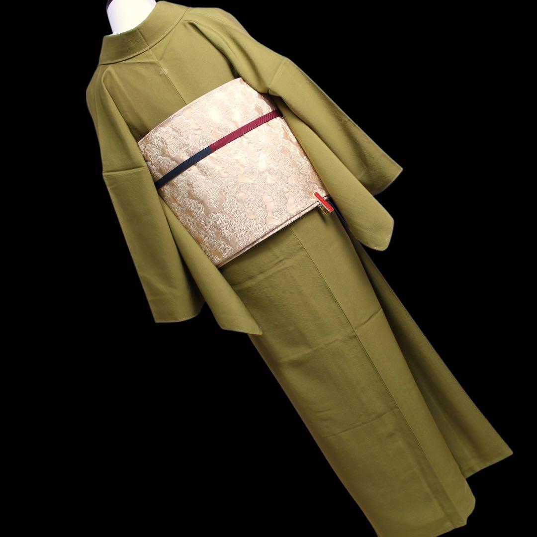 美品 縮緬地 一つ紋色無地着物/裄69 トールサイズ カーキ色