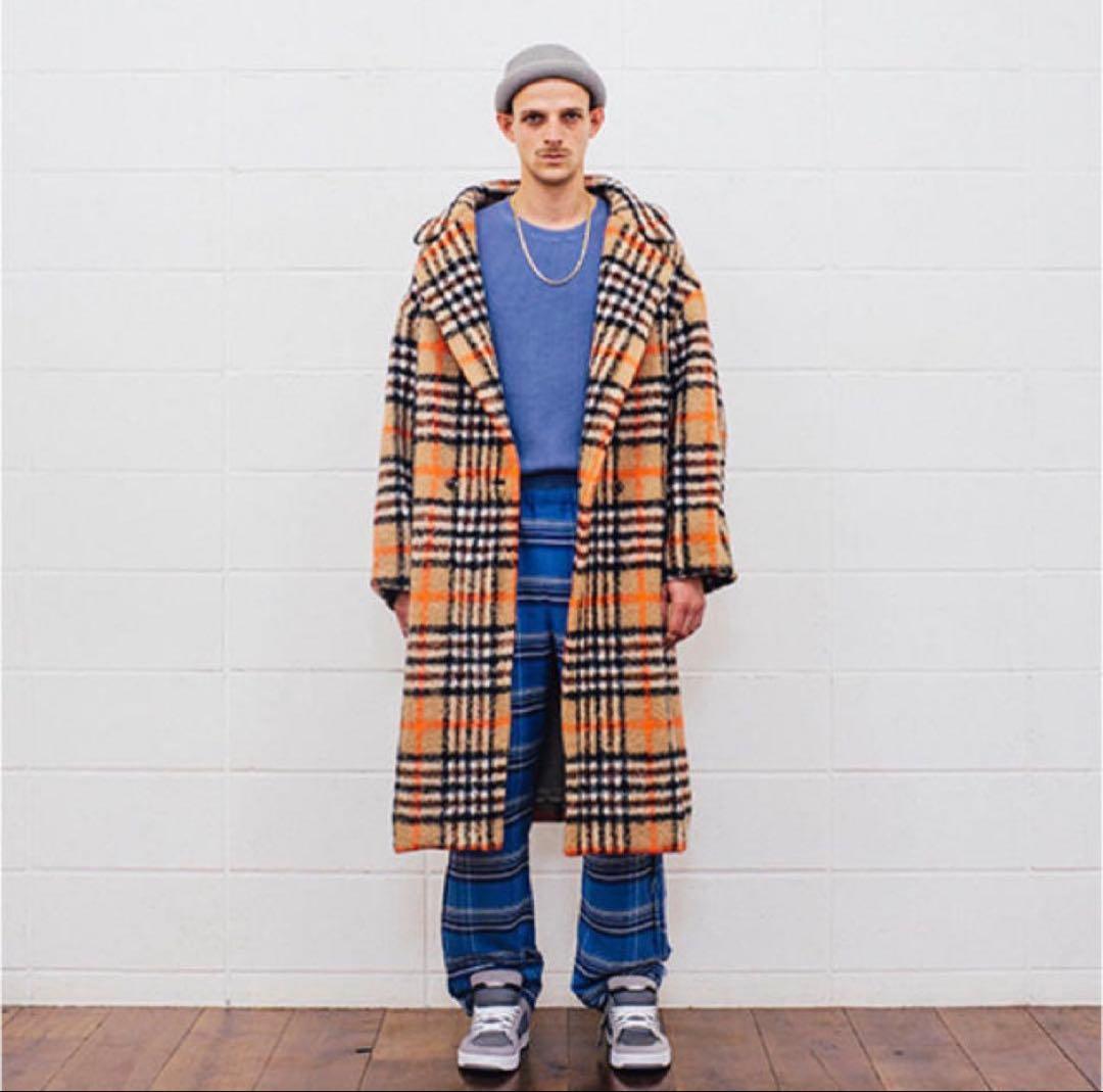 UNUSED ベージュ×黒×オレンジチェック ロングコート Lサイズ - メルカリ