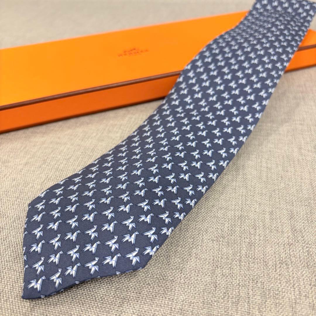 新品 HERMES エルメス 総柄 シルク100 ネイビー ネクタイ ビジネス