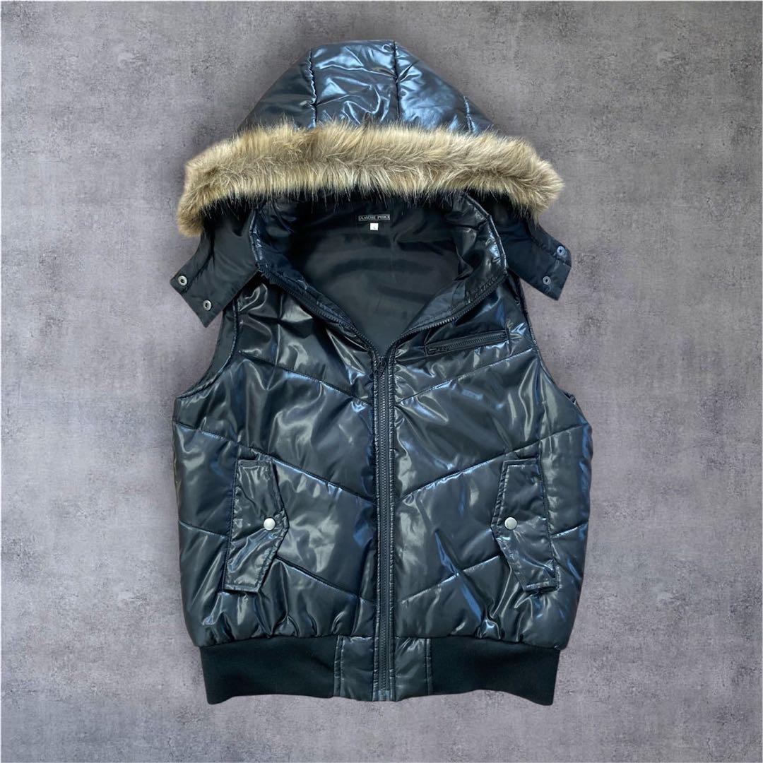 00s ファー ダウンベスト y2k 平成 グランジ 光沢 お兄系 ギャル男