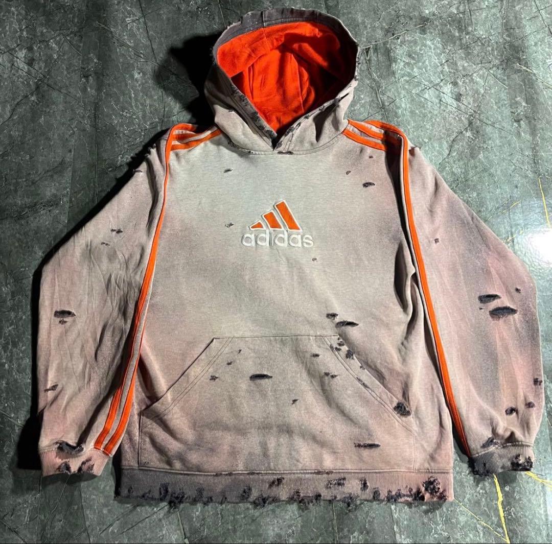 adidas ダメージ加工 フード付きパーカー フェード グランジ - メルカリ