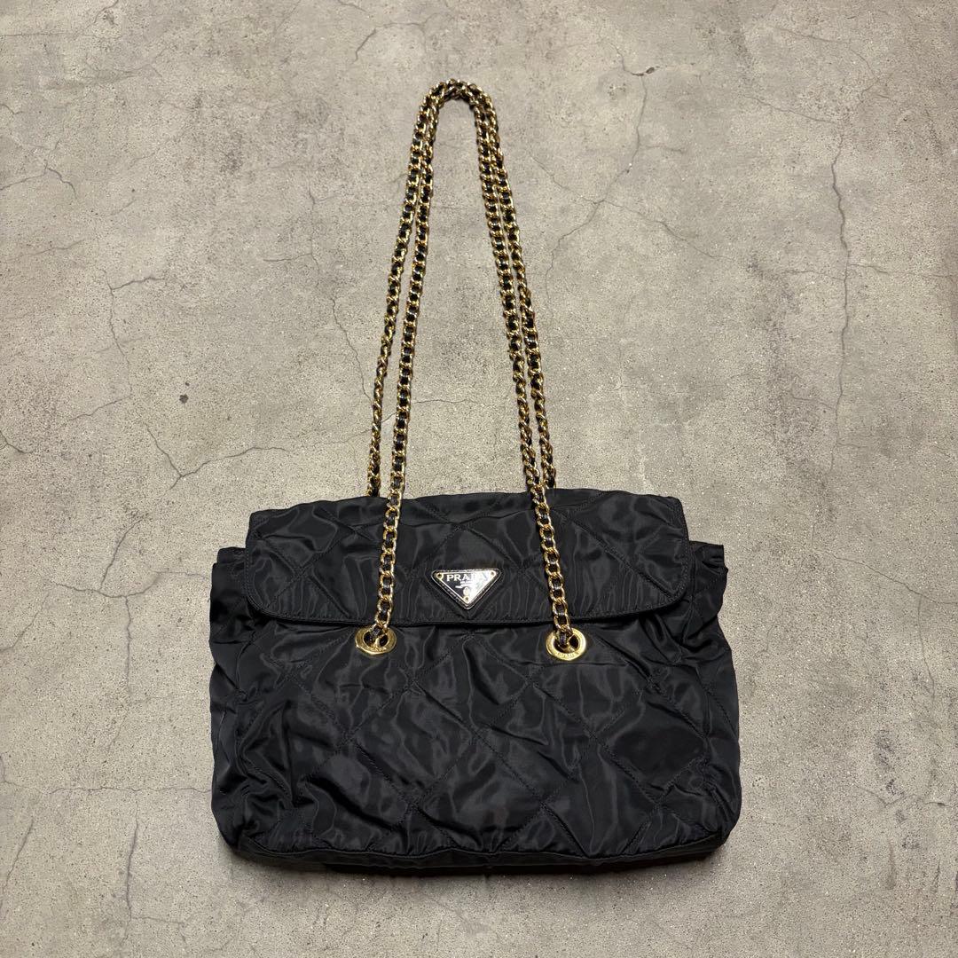 PRADA チェーンショルダーバッグ キルティング ナイロン プレート