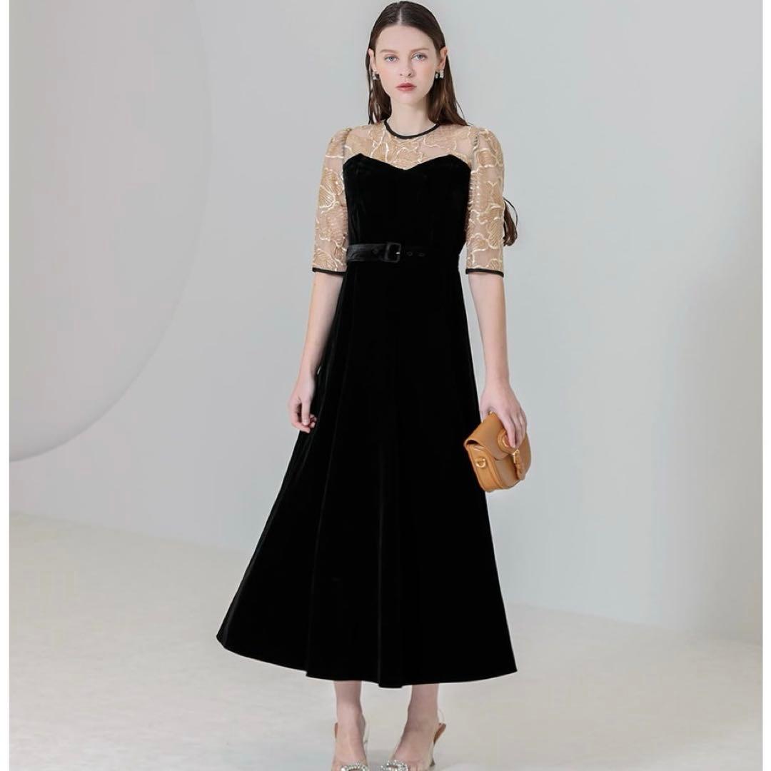 Leja ブラック・ゴールド ロングドレス LEJA LUXE】2WAYシアーネックビジューデザインブラックマーメイド