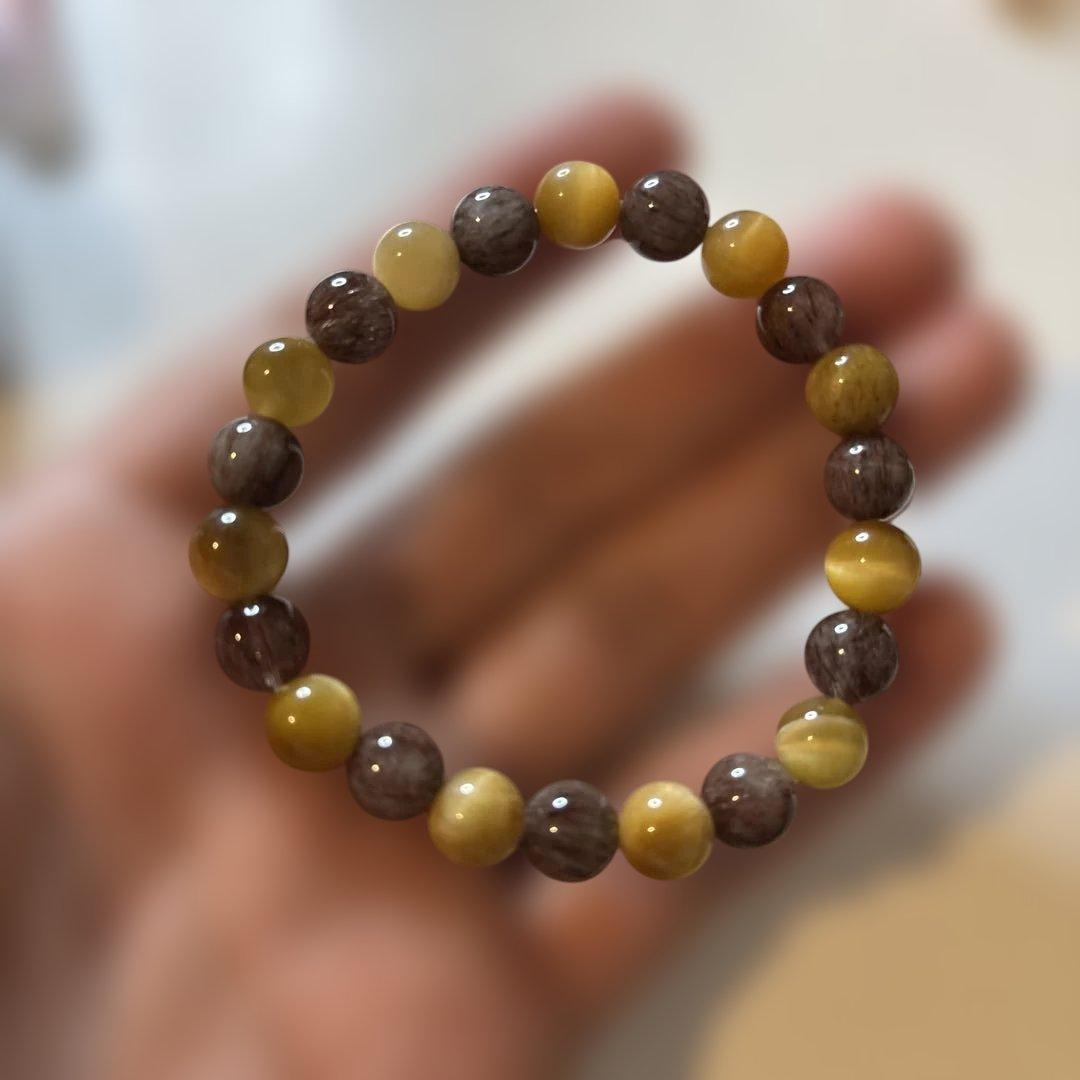 綺麗！赤ルチルたんとゴールドタイガーアイ！ズーンと来る！ 金運上昇 10mm 19cm 金針ルチルクォーツ タイガーアイ シトリン 金運