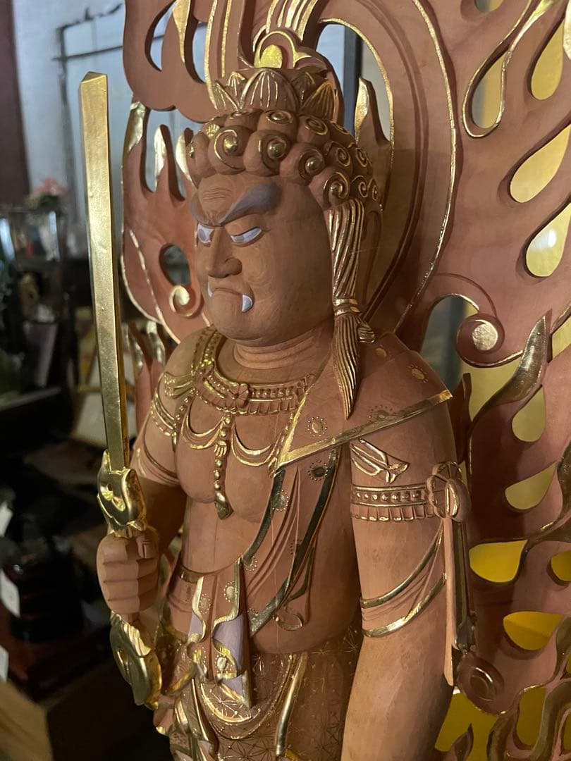 不動明王立像　金泥 高さ78cm 香木 、仏教美術 高68cm 仏像 木彫 寺院