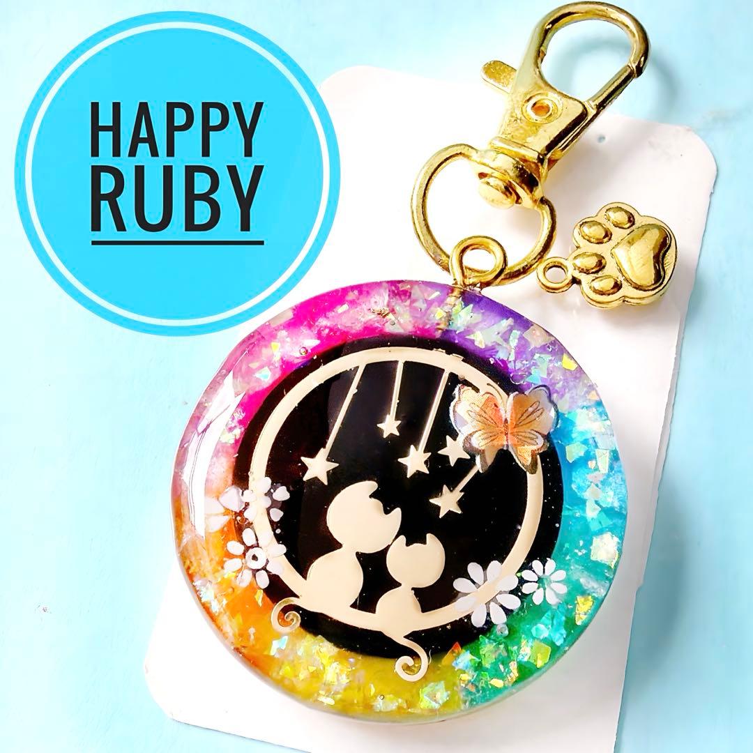 020星降る夜のねこ達 虹色 オルゴナイト レジンネックレス 受注制作