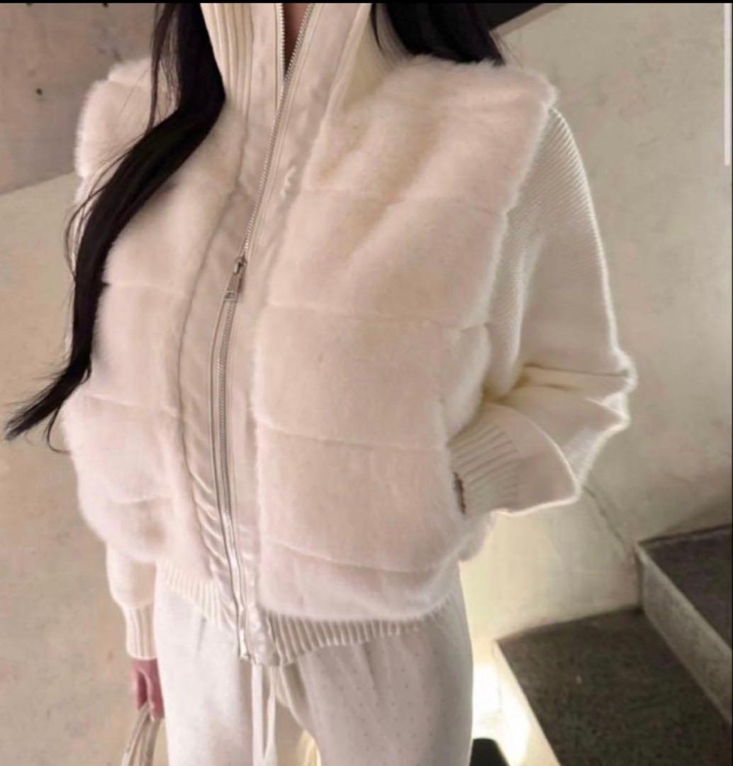 DHOLIC 2WAYニットスリーブエコファー ダウンジャンパー ホワイト