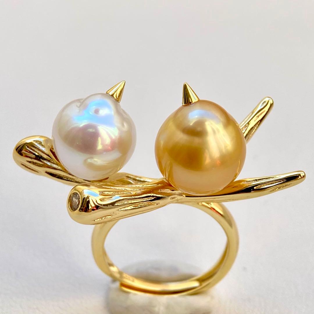 本真珠南洋白蝶真珠　茶金とホワイト無調「鳥と枝」s925リングY1059