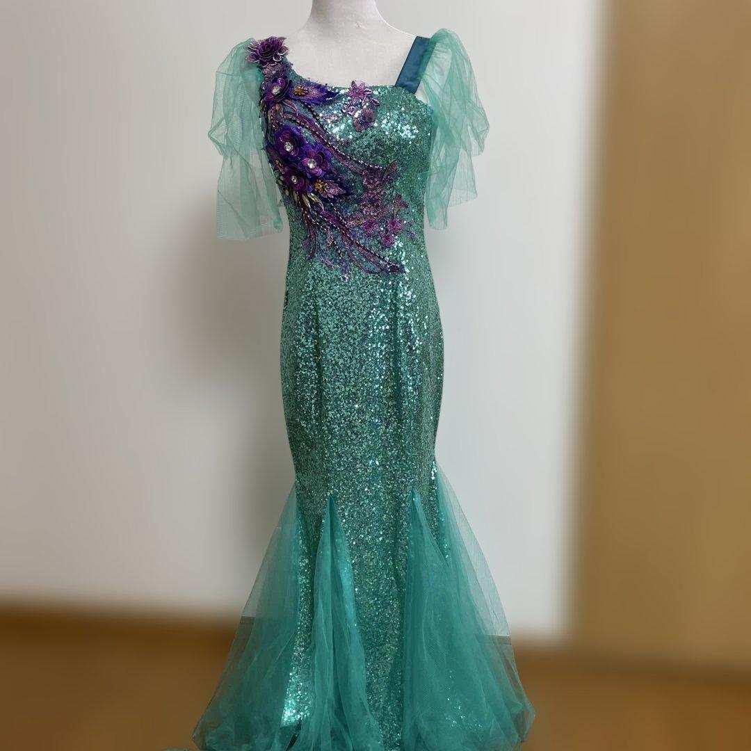 ターコイズ色の社交ダンスドレス ステージ衣装ロングドレス - メルカリ