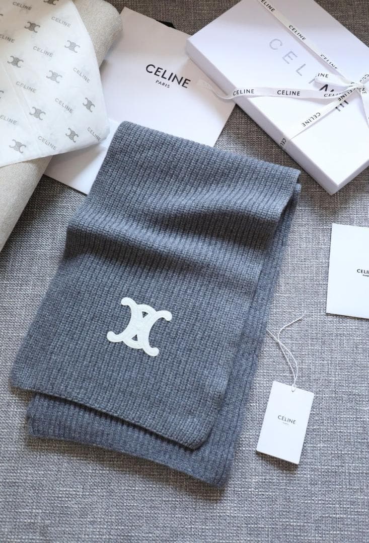 CELINE セリーヌ トリオンフ マフラー カシミヤ グレー 箱付き 日本未入荷☆】セリーヌ マフラー グレー カシミア トリオンフ (CELINE