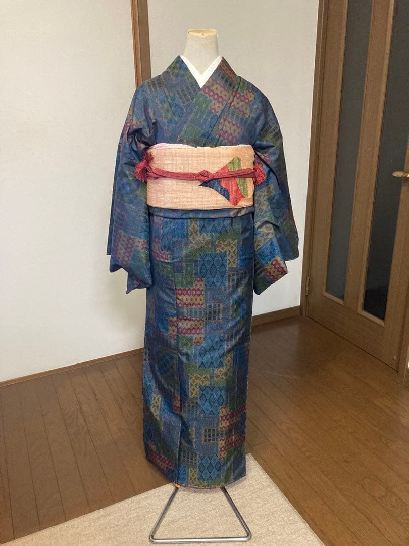 新品大島紬小紋着丈155センチ 銀座【A-4065】夏大島紬 憲法色 雪輪文（高島屋扱い）:身丈158.5/裄
