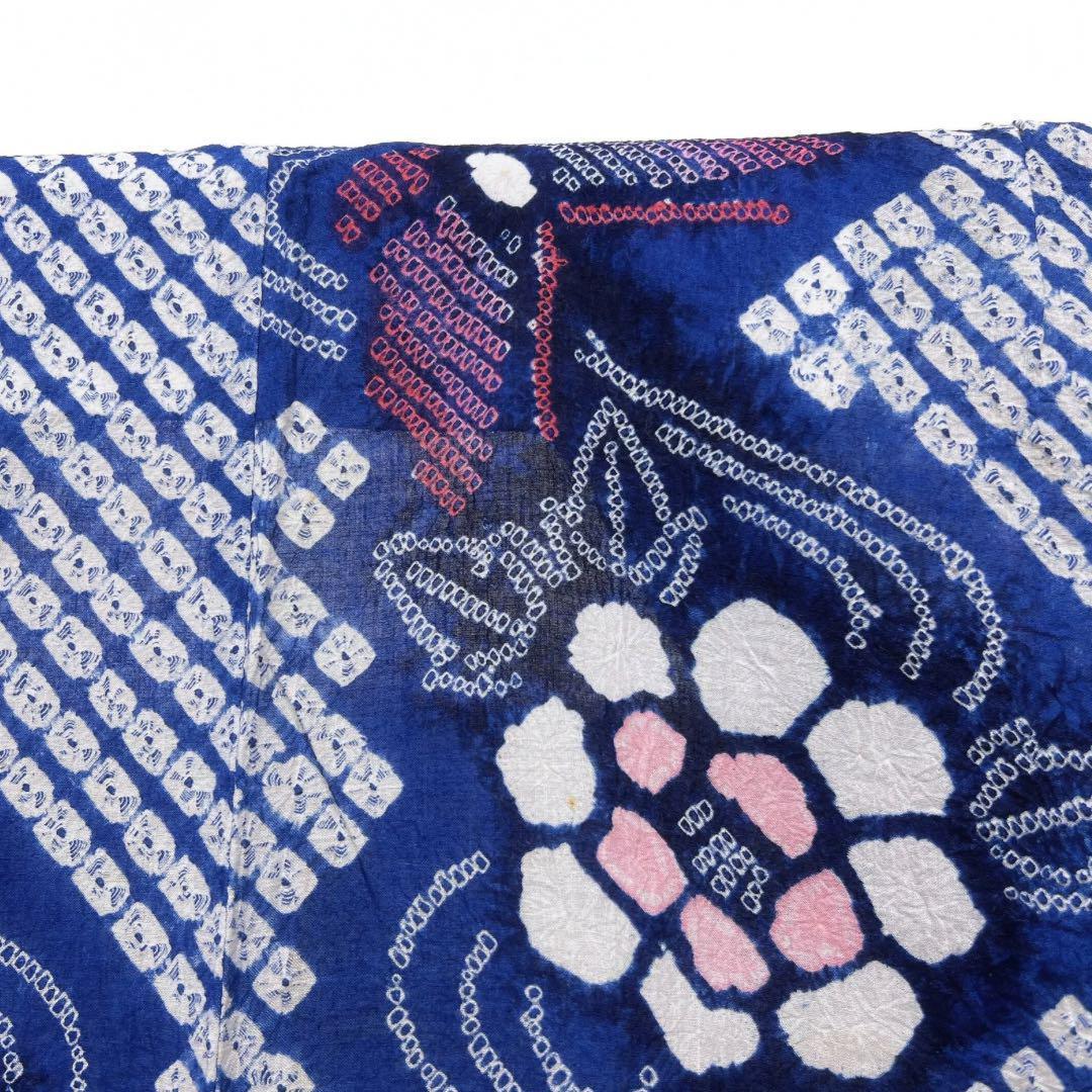 浴衣　有松鳴海絞り　流線　蝶　花模様　青　着物　054w p