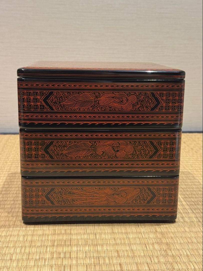 讃岐漆器 筒井隆之 造 蒟醤塗 三段重箱 伝統工芸 讃岐 香川漆器 茶懐石