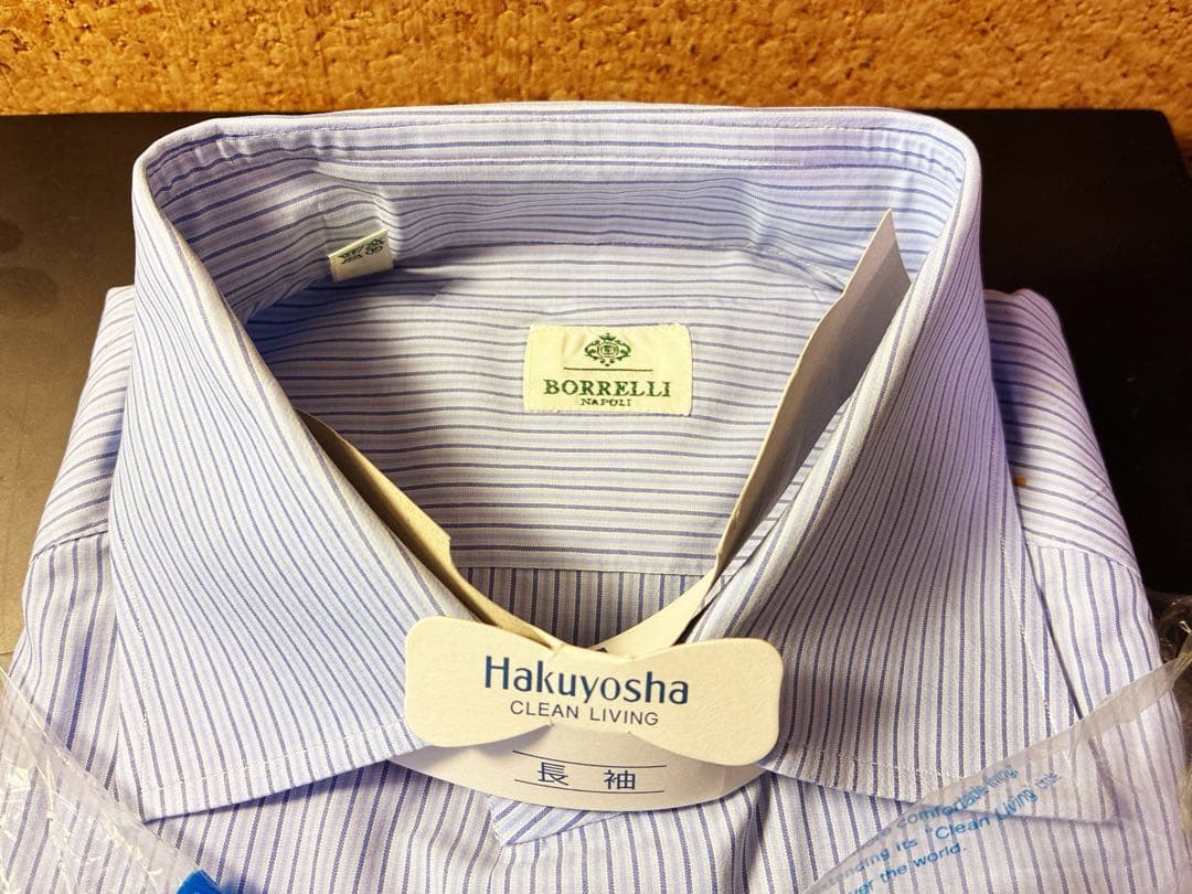 LUIGI BORRELLI ルチアーノ ネイビー ストライピング 41 コットンポプリン無地セミワイドカラーシャツ／LUCIANO（PS44140