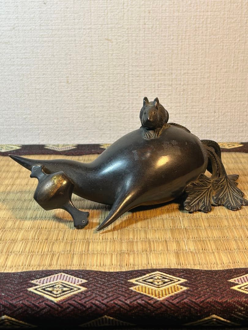 銅製置物　 鼠　大根　小槌 《鼠大根食う→恵比寿・大黒》