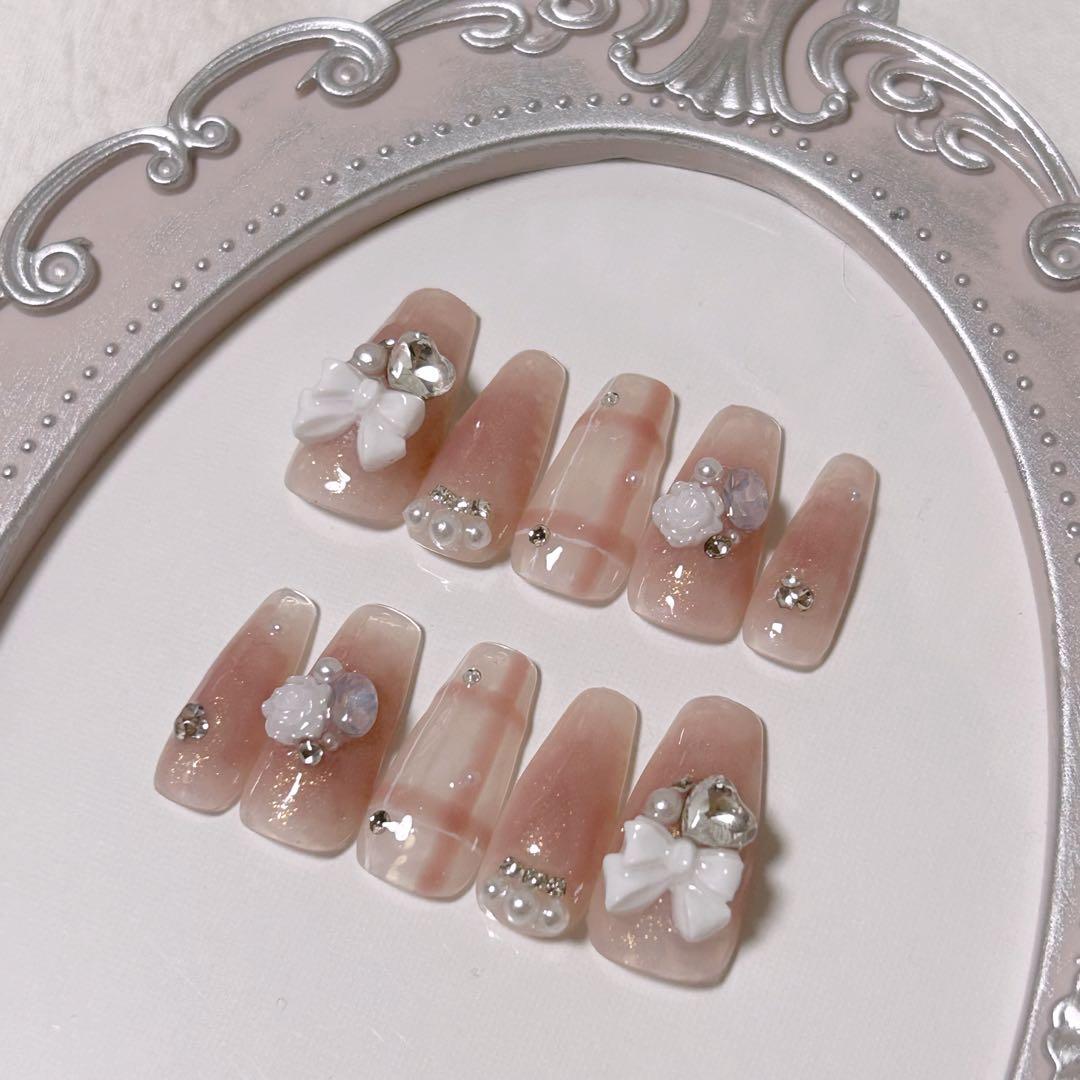 ワンホン 量産型 チークネイル チェックネイル ネイルチップ【現品