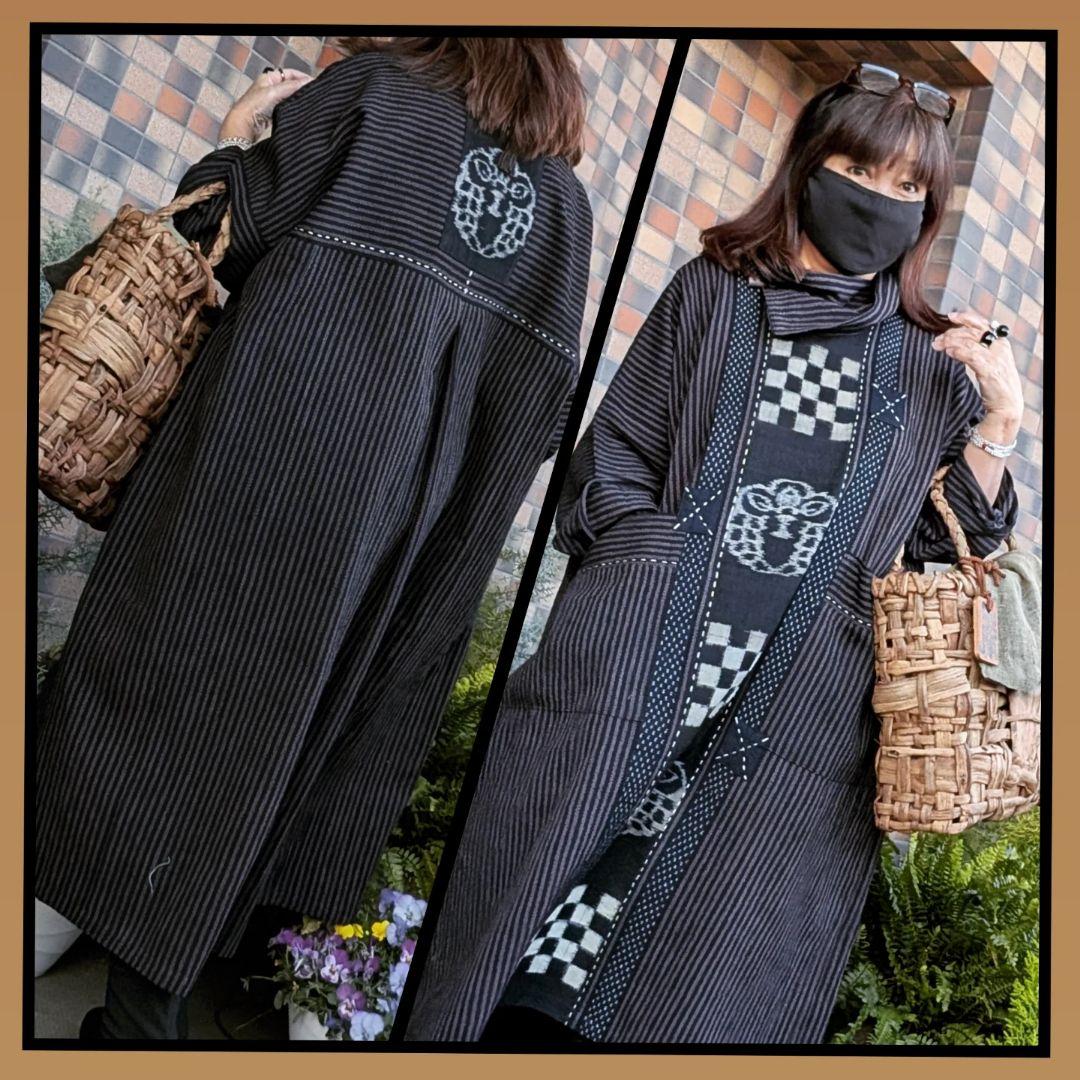 古布リメイク♥ワンピース 縞木綿＆絵絣合わせ - メルカリ