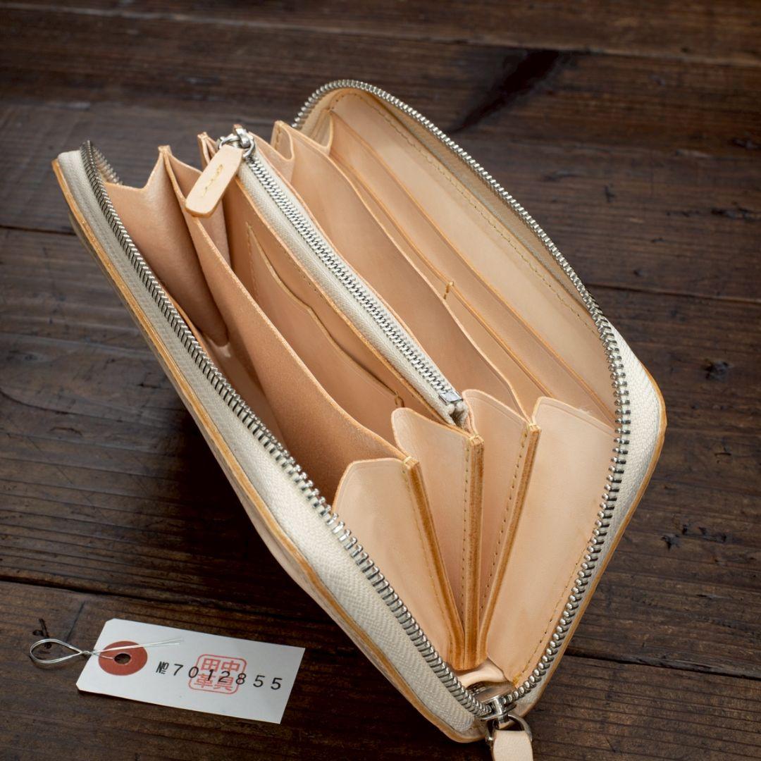 メンズ 本革 フルレザー 長財布 ラウンドファスナー 生成り ハンドメイド