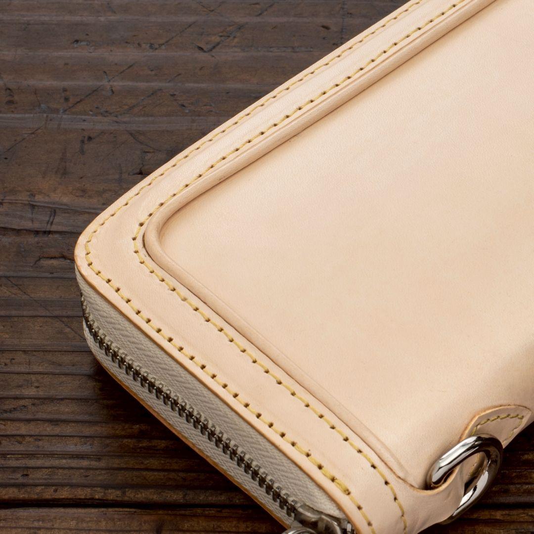 メンズ 本革 フルレザー 長財布 ラウンドファスナー 生成り ハンドメイド