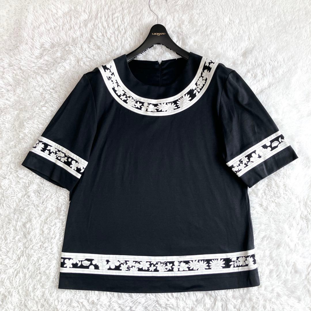 美品 レオナール カットソー トップス トリム 花 コットン 綿 ブラック