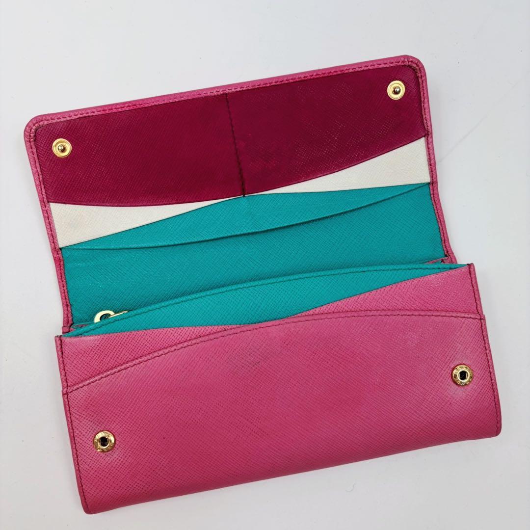 PRADA 長財布 メタルロゴ サフィアーノレザー バイカラー ピンク 水色