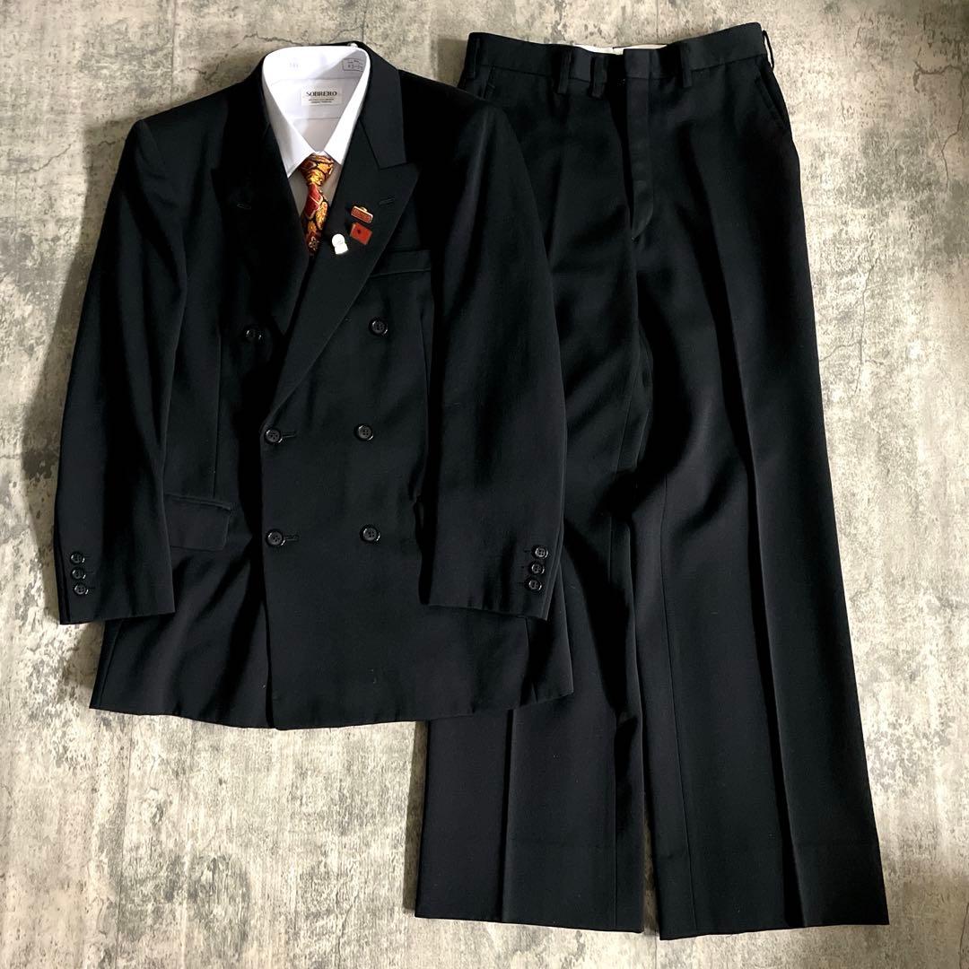極美品 Apollo特注 極上ブラックウール ダブルスーツ 黒艶