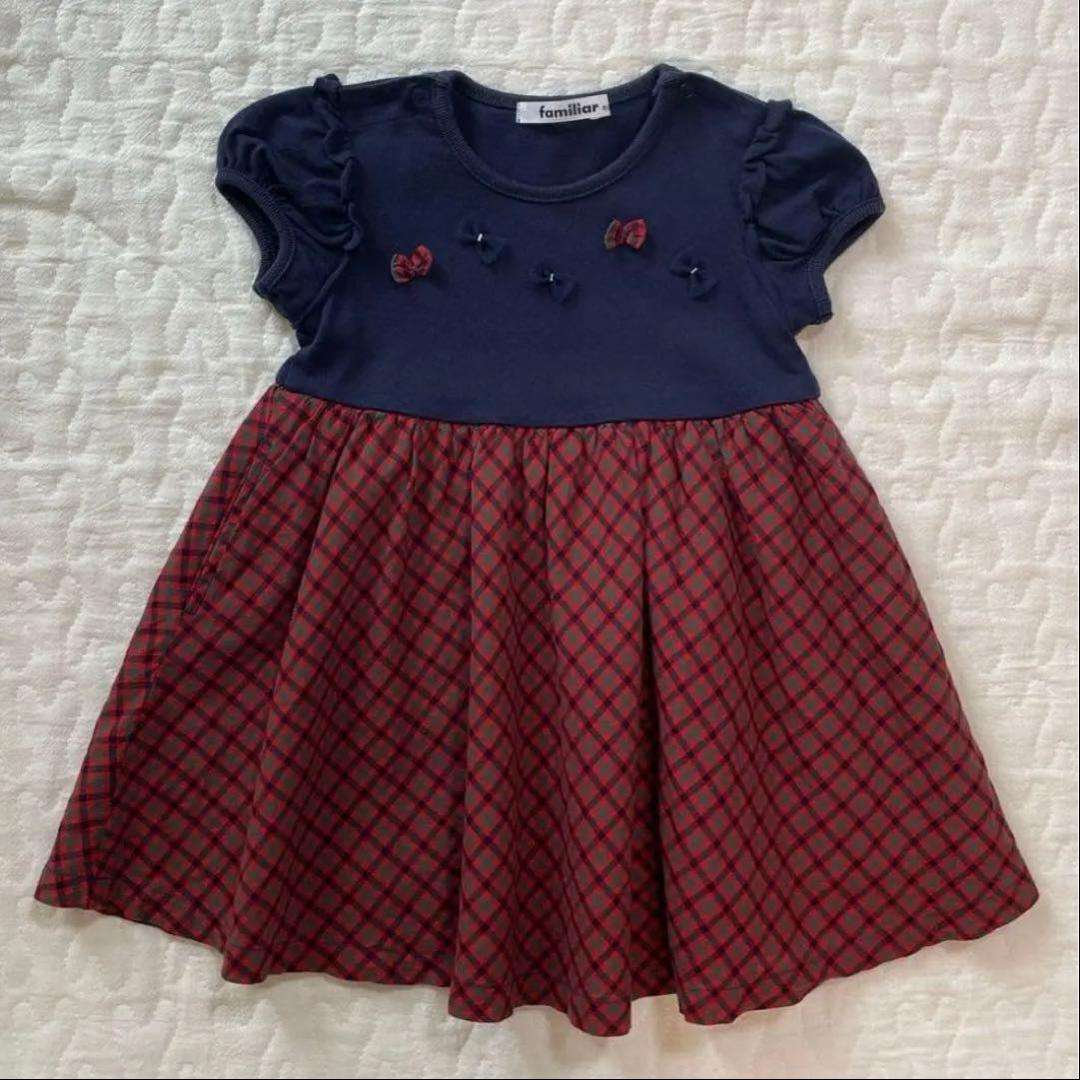 美品】familiar ファミリアチェック柄半袖ワンピース 80cm - メルカリ
