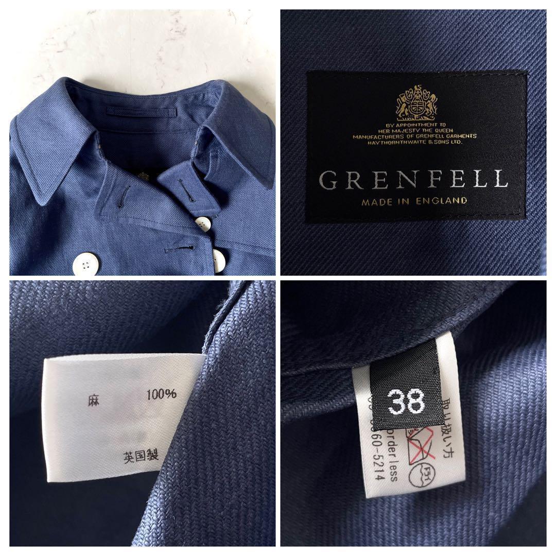 極美品 高級 グレンフェル 英国製 38→M リネン トレンチコート 青